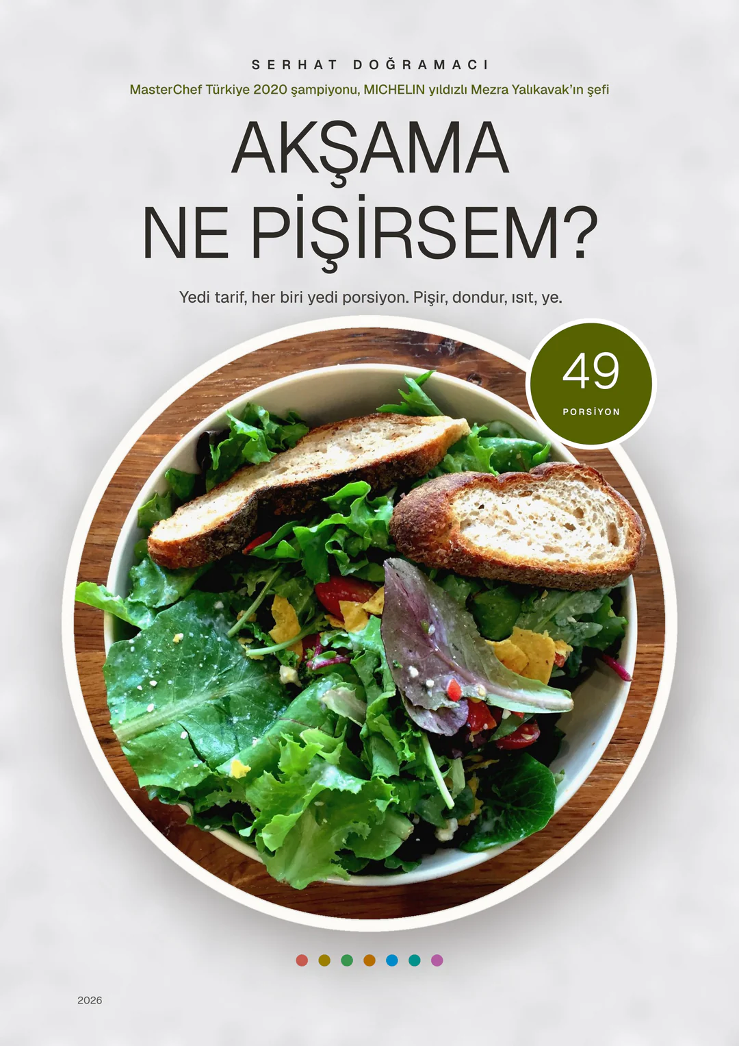 Akşama Ne Pişirsem? kitabının kapağı: mermer zeminde, tabakta kızarmış ekmekli yeşil salata
