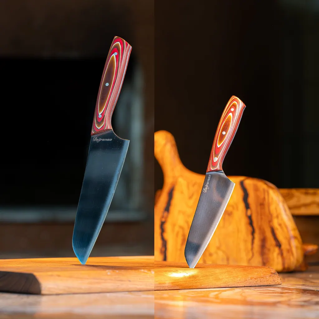 İki boy Santoku bıçağı yan yana, dik